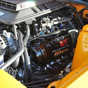 Super Shaker engine bay with custom lettered valve covers