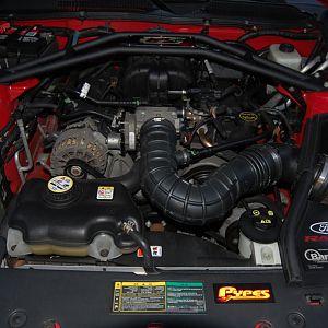 Overall view of engine with Stack Racing strut brace added.