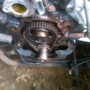 old timing chain that was very loose. replaced it with comp cams double roller. i needed to replace the timing cover gasket cause my oil and antifreez