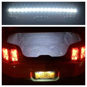 Newly installed LED light strip. one light strip is installed on the roof of the trunk (not the hatch), wire runs down the side behind the felt and pl