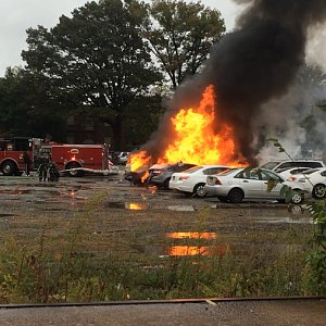 This just happened at NCC. One car fire spread to three others. felt the he sat from this far away. nuts...