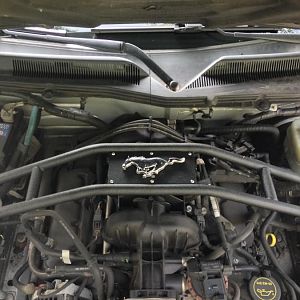 Installed a SR Performance Strut Tower Brace from American Muscle. Silver Running Horse emblem with back to back tape found on eBay. Installed on 9/25