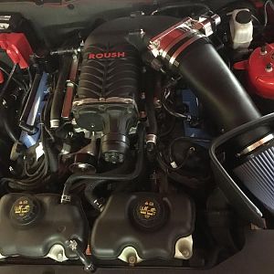 Under hood 2017 -  Roush SC, VMP Elbow & Twin 67MM TB, 82MM Pulley, 90 Idler, JLT 3.0 Catch can pass side, putting 2.0 on drivers side, JLT CAI, Reisc